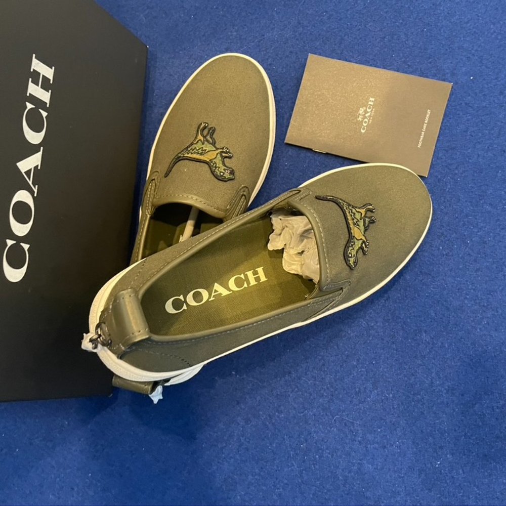 Coach Olive Green Canvas Slip-On Loafers with Dinosaur Patch - Picture 2 of 6